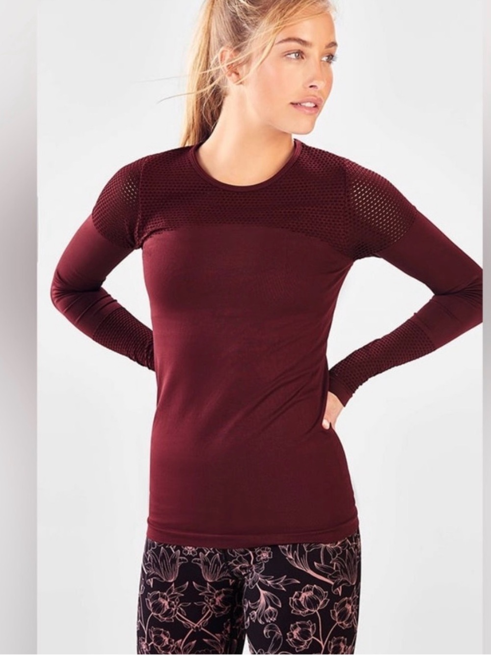 NWT Fabletics Burgundy Long-Sleeve Musetta Seamless Workout Top, Size Small